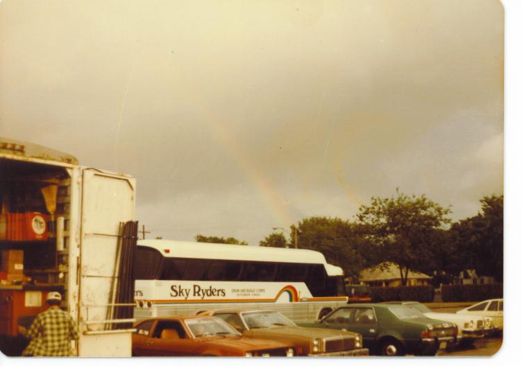 1982 photo of a double rainbow behind the tour bus.