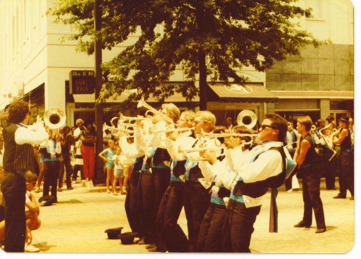 Photo of the Soprano line having fun playing at a standstill in 1983.