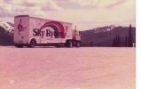 1982 photo of equipment truck parked on the continental divide outside Denver.